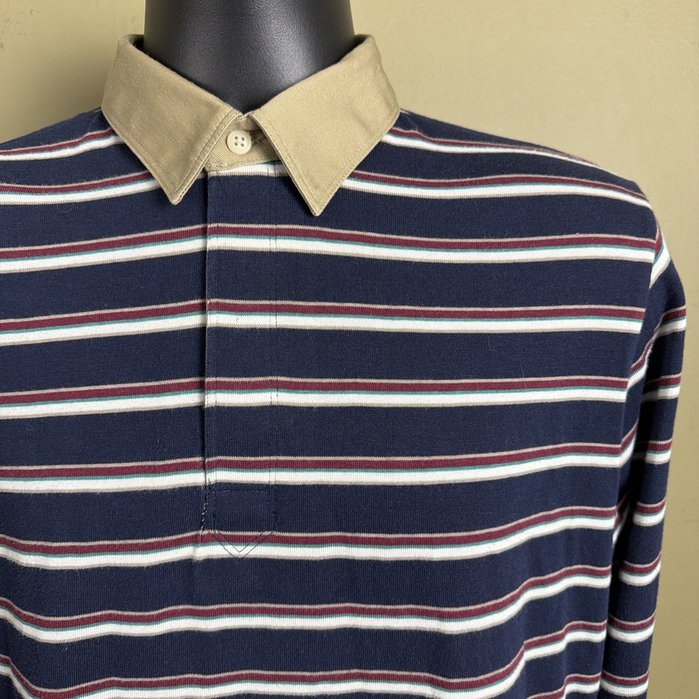 VTG Jantzen Sport Structured Rugby Polo Shirt Blue Stripe Khaki Collar Men's M